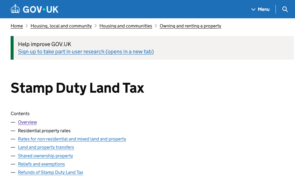 screenshot of stamp duty land tax residential property rates gov.uk