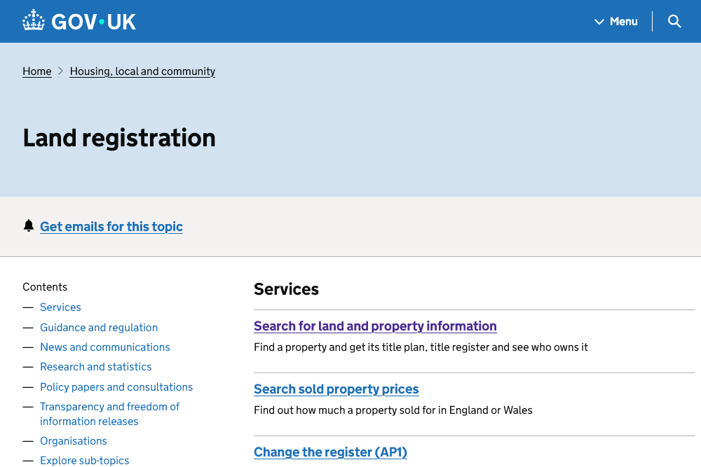 screenshot land registration gov.uk