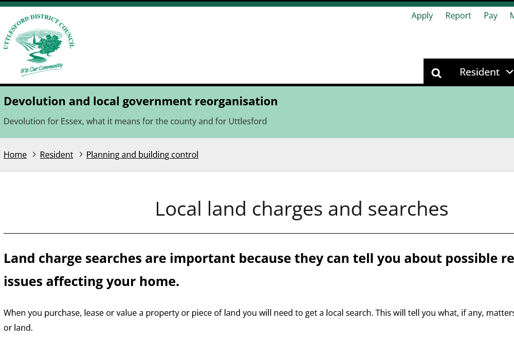 screenshot local land charges and searches uttlesford district council
